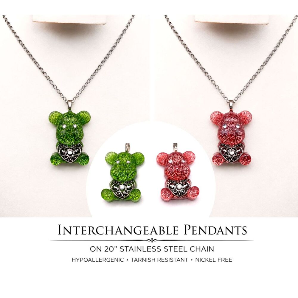 Interchangeable Glitter Bear Pendants – Green & Pink – 20" Stainless Steel Chain
